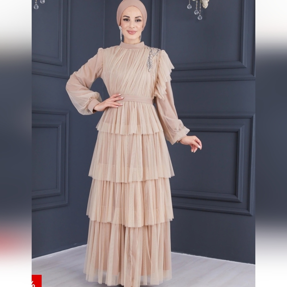 Taupe Modest Evening Eid Gown Dress L/XL